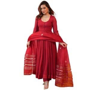 GoSriKi Women's Rayon Blend Anarkali Solid Kurta with Pant & Dupatta