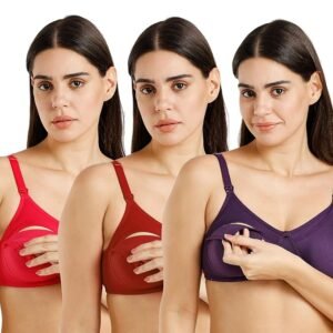 MomToBe Women's Cotton Multicolor Full Cup Non Padded Feeding Bra/Nursing Bra/Maternity Bra Combo - Pack of 3