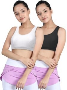 DChica Sports Bra for Girls (Pack of 2) Cotton Non-Padded Full Coverage Beginners Non-Wired T-Shirt Gym Yoga Workout Bra with Regular Broad Strap 1
