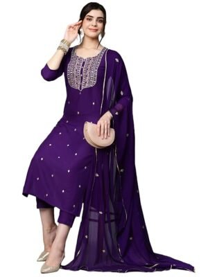 GoSriKi Women's Cotton Blend Embroidered Straight Kurta with Pant & Dupatta 2