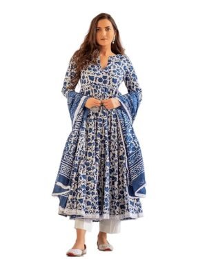 MEERA FAB Women's Cotton Printed Anarkali Kurta with Palazzo & Dupatta Set 3