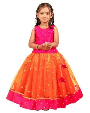 Stanwells Kids Orange and Magenta combo south indian Baby girls mirror work net Lehenga Choli set 1.