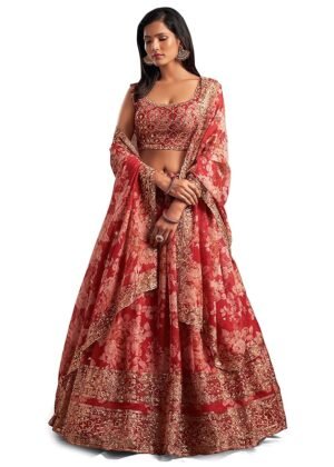 Zeel Clothing Women's Organza Floral White Semi-Stitched Lehenga Choli