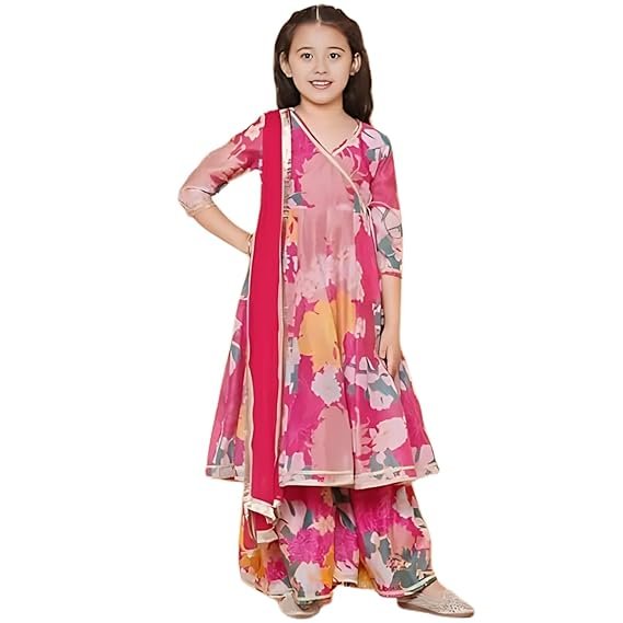 Naixa Girls Rayon Fabric Floral Printed 3/4 Sleeve Sharara Dress Set For All Occasion salwar suit