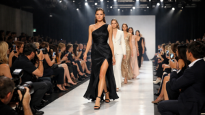 Models walking the runway during a professional fashion show event with audience and stage lighting